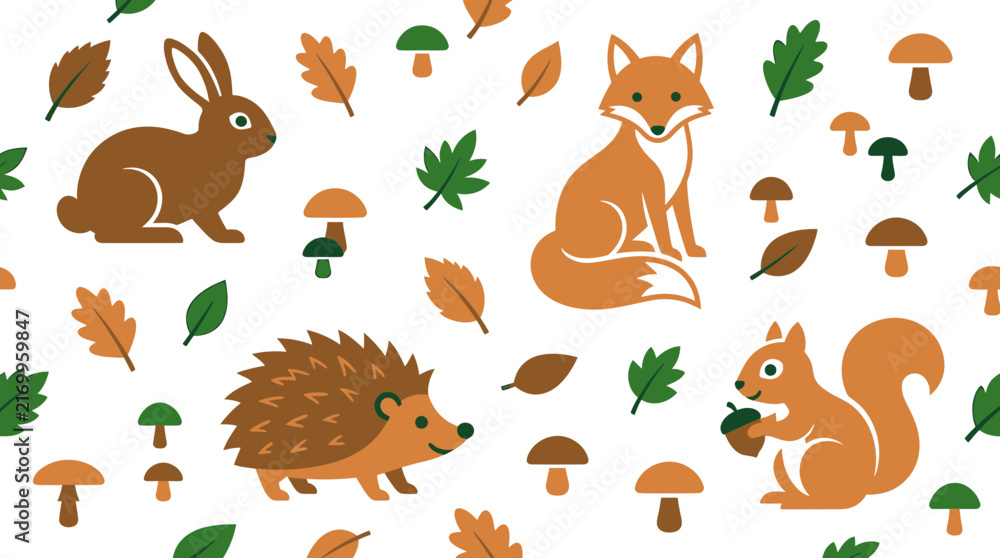 Fototapeta premium Autumn woodland animal vector seamless pattern with fox hedgehog squirrel rabbit mushrooms and leaves for fabric and wallpaper design