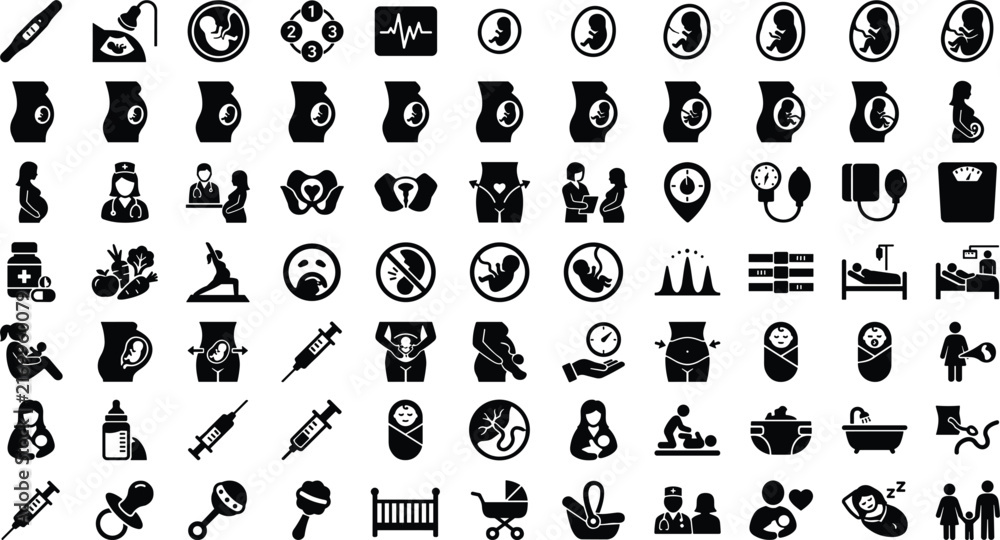 Fototapeta premium Pregnancy and gynecology icon set vector illustrating fetal development maternity healthcare obstetrics newborn care collection