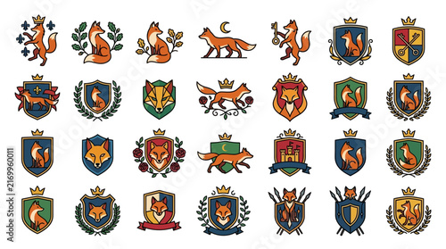 Fox heraldic crest icons and shield logos set with royal crowns