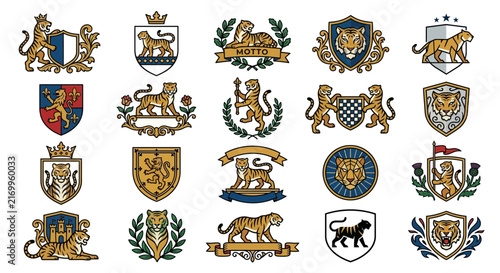 Set of heraldic tiger and lion crests with vintage shields