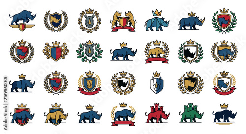 Set of generic rhino crests and heraldic animal emblems