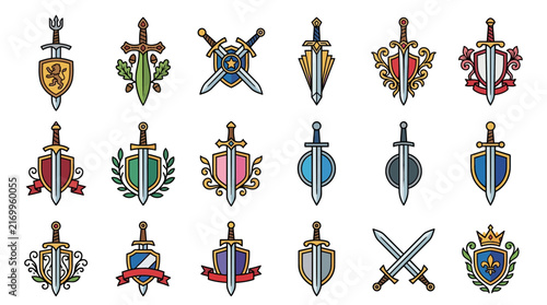 Medieval fantasy sword and shield heraldic emblem icons collection