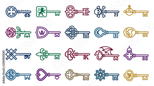 Set of ornate fantasy key icons in medieval and magical styles