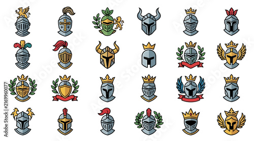 Knight helmet icons set with heraldic symbols and crowns