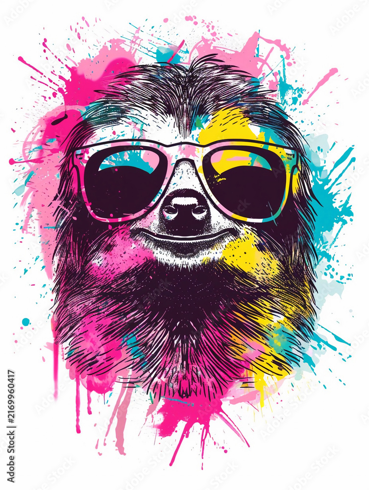 Naklejka premium Colorful sloth wearing sunglasses with paint splashes in a bright design