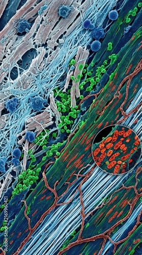 Stem cell differentiation demonstrating skeletal muscle fiber, microscopic capillary vessel, extracellular collagen matrix, red mitochondrion organelle, active tissue growth.