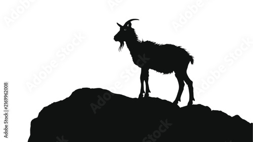 Goat silhouette standing proudly atop a rugged rocky outcrop against a stark white background, symbolizing resilience, wilderness, and natural strength in an untamed environment.