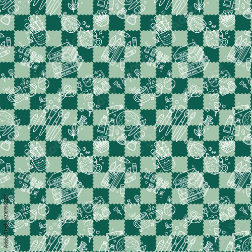 Green art supplies seamless pattern with pencils paint brushes palette books coffee cups and creative tools