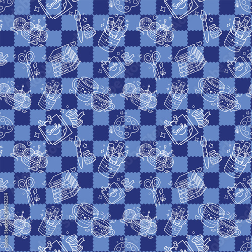 Blue art supplies seamless pattern with yarn paint brushes palette books scissors and coffee cup doodles