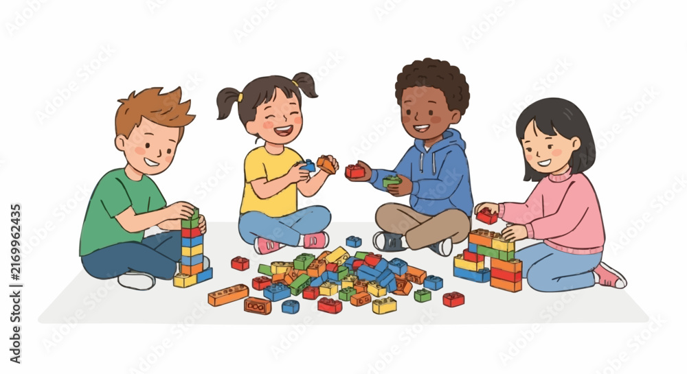 Obraz premium happy children playing with colorful building blocks vector illustration