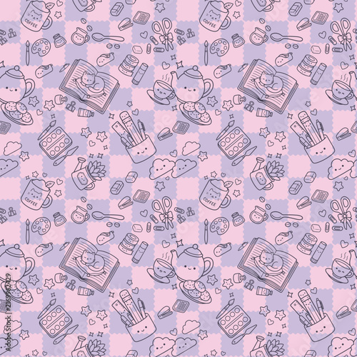 Cute Kawaii Art Studio Seamless Pattern With Coffee Cat Books Paint Brushes Pastel Pink And Purple