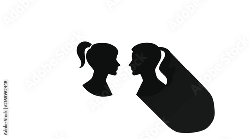 Two abstract female silhouettes, representing a young girl and an adult woman, face each other in profile with ponytails, symbolizing connection, communication, or generational dialogue against a.