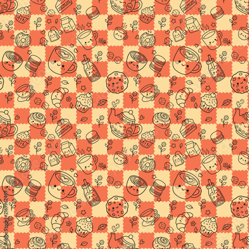 Cute Kawaii Tea And Bakery Seamless Pattern With Coffee Cups Cakes Donuts Pastries Orange Cream Sweet