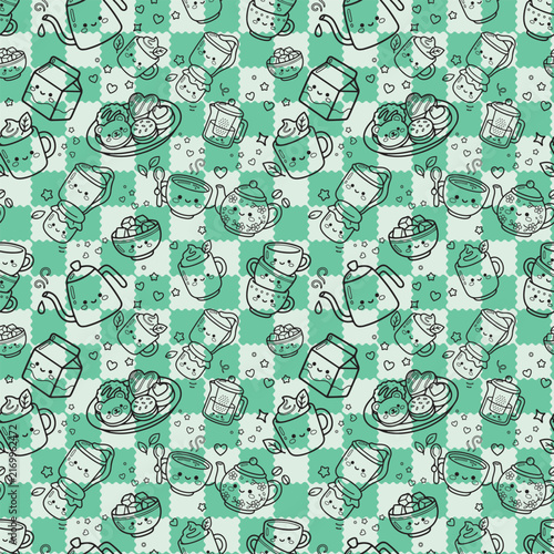 Cute Kawaii Tea Party Seamless Pattern With Teacups Teapots Desserts And Mint Green Sweet Doodles