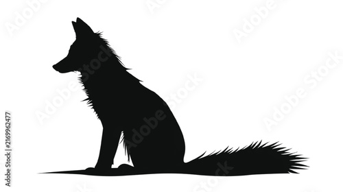 A sleek, dark silhouette of a wild fox or wolf-like canine sits calmly in profile, showcasing its distinctive pointed ears and bushy tail against a stark, clean white background, ideal for graphic.
