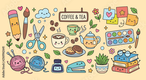 Cute Kawaii Coffee Tea Time Fun Art Craft Hobby Supplies With Books Yarn Painting Tools And Pastries