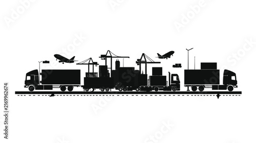 Global logistics network silhouette illustration showcasing diverse cargo transportation methods including large trucks, freight trains, and commercial airplanes efficiently moving goods across.