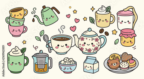 Cute Kawaii Coffee Tea Cups Teapot Milk Drinks Donuts Hearts Pastel Cafe Collection Illustration Art