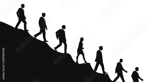 Business people silhouettes descend a steep, dark, undulating slope against a stark white background, symbolizing structured progress, individual steps, or the measured decline in a corporate.