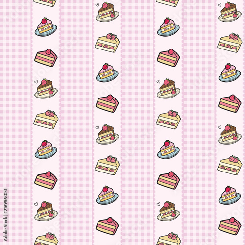 Cute Strawberry Cake Slice Seamless Pattern with Pink Gingham Background for Bakery Dessert Design