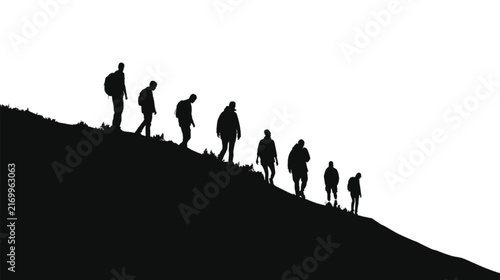 Anonymous human silhouettes ascend a steep, dark, undulating slope against a stark white background, visually representing the collective struggle, effort, and perseverance required for progress.
