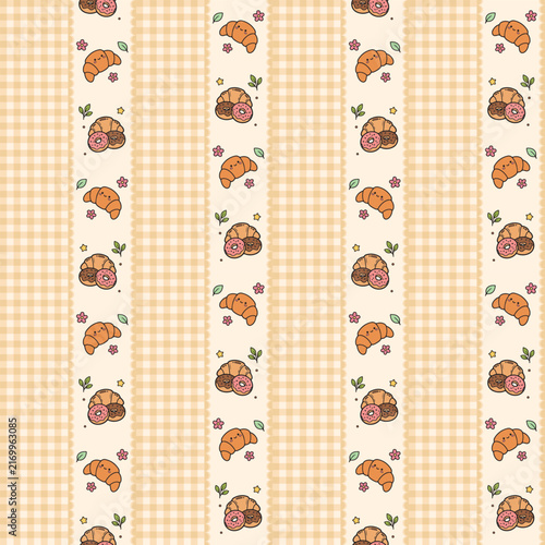 Cute Kawaii Croissant and Donut Seamless Pattern with Gingham Background for Bakery Food Design