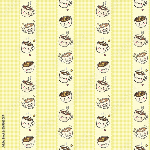 Cute Kawaii Coffee Cup Seamless Pattern with Latte Art and Yellow Gingham Background for Cafe Design