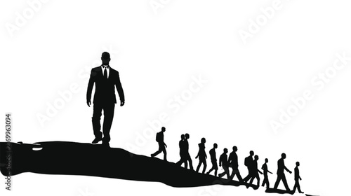 Businessman silhouette leads a procession of smaller, less defined figures walking on a dark, uneven path, symbolizing corporate leadership, followership, and the journey of a team or workforce.