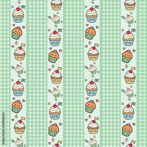 Cute Cupcake and Dessert Doodle Pattern with Green Gingham Background for Bakery and Sweet Food Design