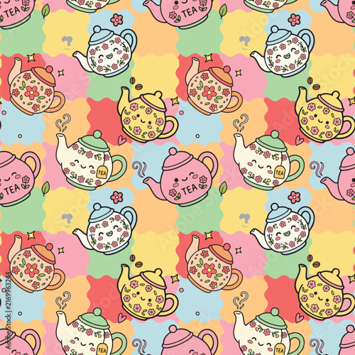 Cute Tea Cup Teapot and Floral Doodle Pattern with Colorful Scalloped Background for Cozy Kitchen Decor