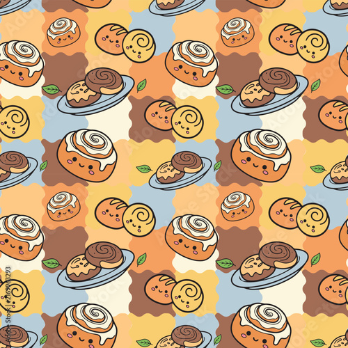 Cute Cinnamon Roll Pastry Seamless Pattern with Kawaii Baked Treats and Warm Retro Colors for Bakery