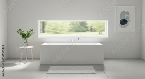 Modern bathroom featuring a sleek built-in bathtub with natural light and minimalist decor