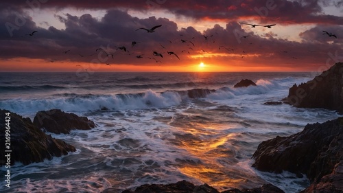 Flock of birds flying over crashing ocean waves at sunset