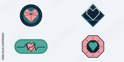 A collection of geometric heart logos and vector badge designs in modern minimalist style