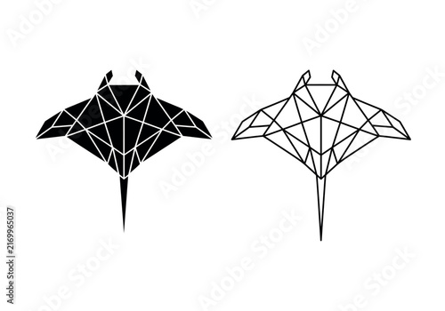 Geometric manta ray silhouette and outline top view vector graphic.