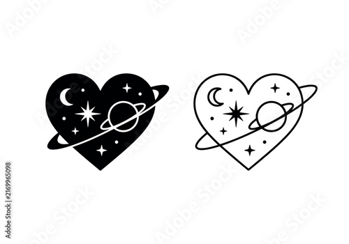 Heart icon with planetary orbit ring moon and stars isolated on white background graphics.