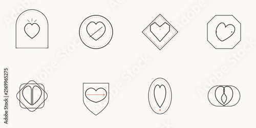 Minimalist heart line icons set with geometric frames and elegant vector design elements
