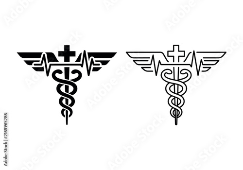Medical caduceus icon with heartbeat and wings isolated on white background vector set.