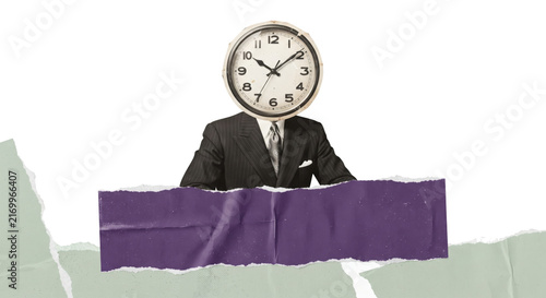 Businessman with Clock Head Behind Torn Paper Banner