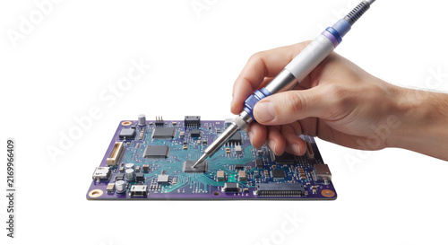 Hand Repairing Electronic Circuit Board with Soldering Iron Isolated on White