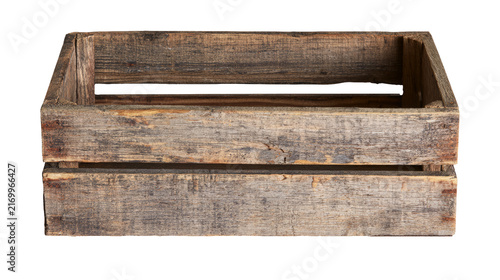 Empty rustic wooden crate isolated on white background as png file for professional design projects