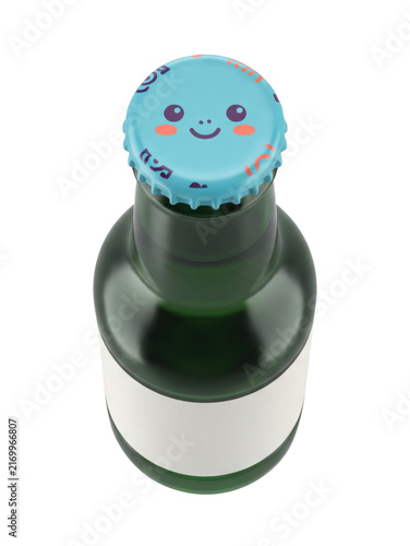 Cute Smiling Blue Bottle Cap on Green Glass Beverage Bottle
