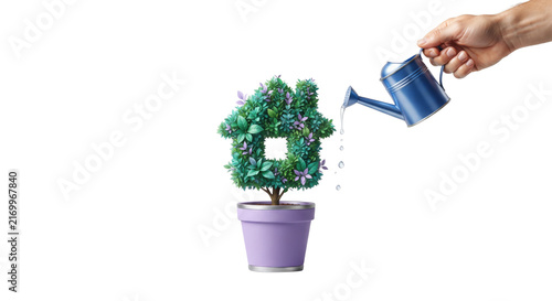 Hand Watering a Small Potted Tree Isolated on White Background