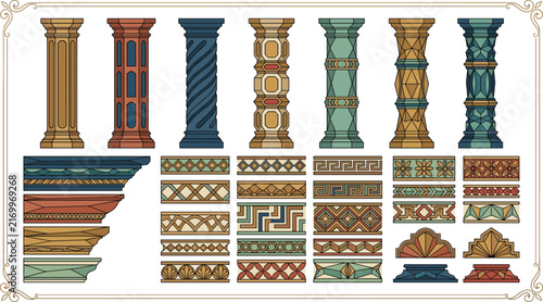 Stylized architectural columns with geometric friezes and ornamental motifs