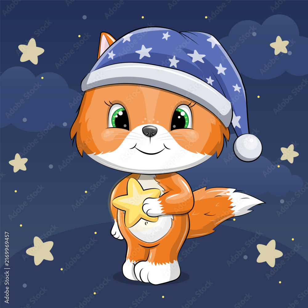 Fototapeta premium Cute cartoon Fox with nightcap and shining star. Night vector illustration with animal and dark blue background with stars and moon.
