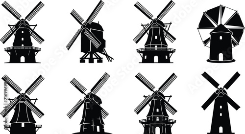 Windmill Silhouette and Architectural Design Set