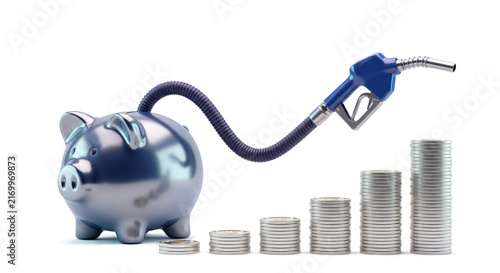 Fuel Savings Concept with Piggy Bank and Rising Coin Stacks