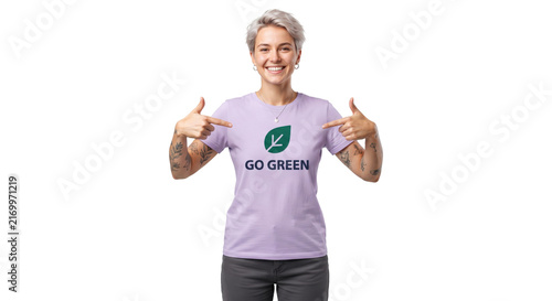 Smiling Senior Woman Pointing at Go Green Eco-Friendly Shirt