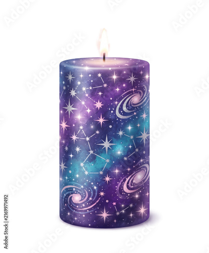 Glowing Galaxy Candle with Stars Moon and Celestial Patterns