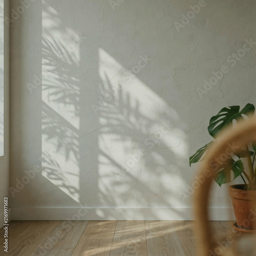 Monstera plant casts elegant shadows across a smooth white wall in a sunlit corner of the living room.